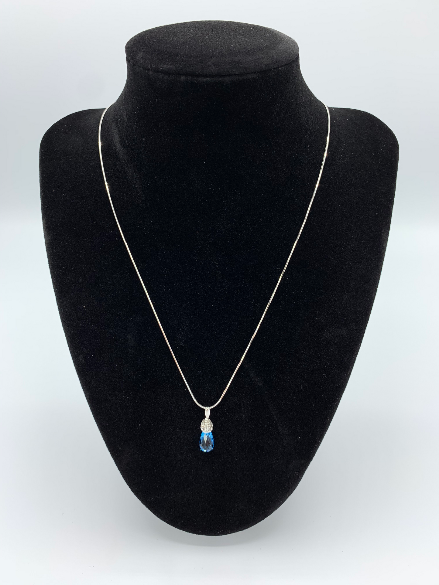 14K White Gold Blue Topaz and Diamond Tear Drop Necklace