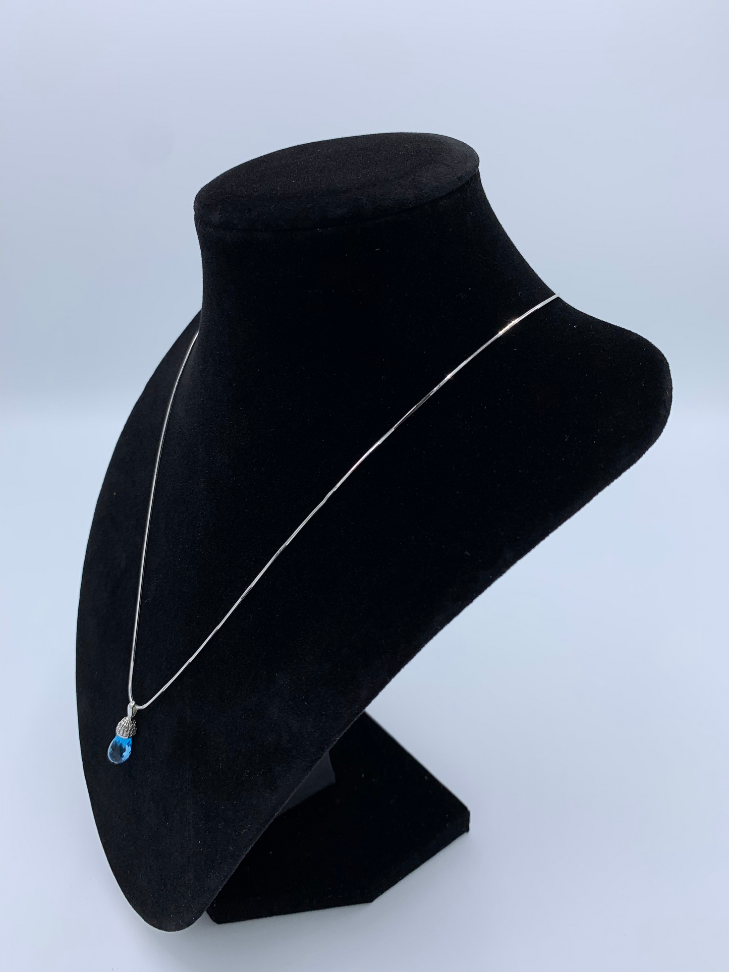 14K White Gold Blue Topaz and Diamond Tear Drop Necklace