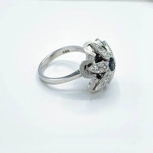 14K White Gold Genuine Blue Sapphire and Diamond Vintage Flower Ring