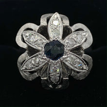 Load image into Gallery viewer, 14K White Gold Genuine Blue Sapphire and Diamond Vintage Flower Ring
