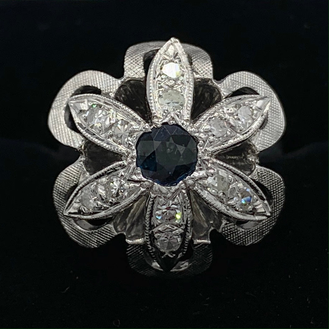 14K White Gold Genuine Blue Sapphire and Diamond Vintage Flower Ring