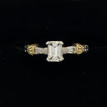 Load image into Gallery viewer, Platinum Wedding Ring with 18K Yellow Gold Stripes and Emerald Cut Diamond with Baguettes
