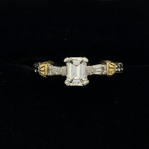 Platinum Wedding Ring with 18K Yellow Gold Stripes and Emerald Cut Diamond with Baguettes