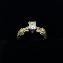 Load image into Gallery viewer, Platinum Wedding Ring with 18K Yellow Gold Stripes and Emerald Cut Diamond with Baguettes
