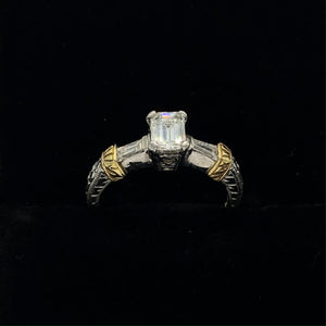 Platinum Wedding Ring with 18K Yellow Gold Stripes and Emerald Cut Diamond with Baguettes
