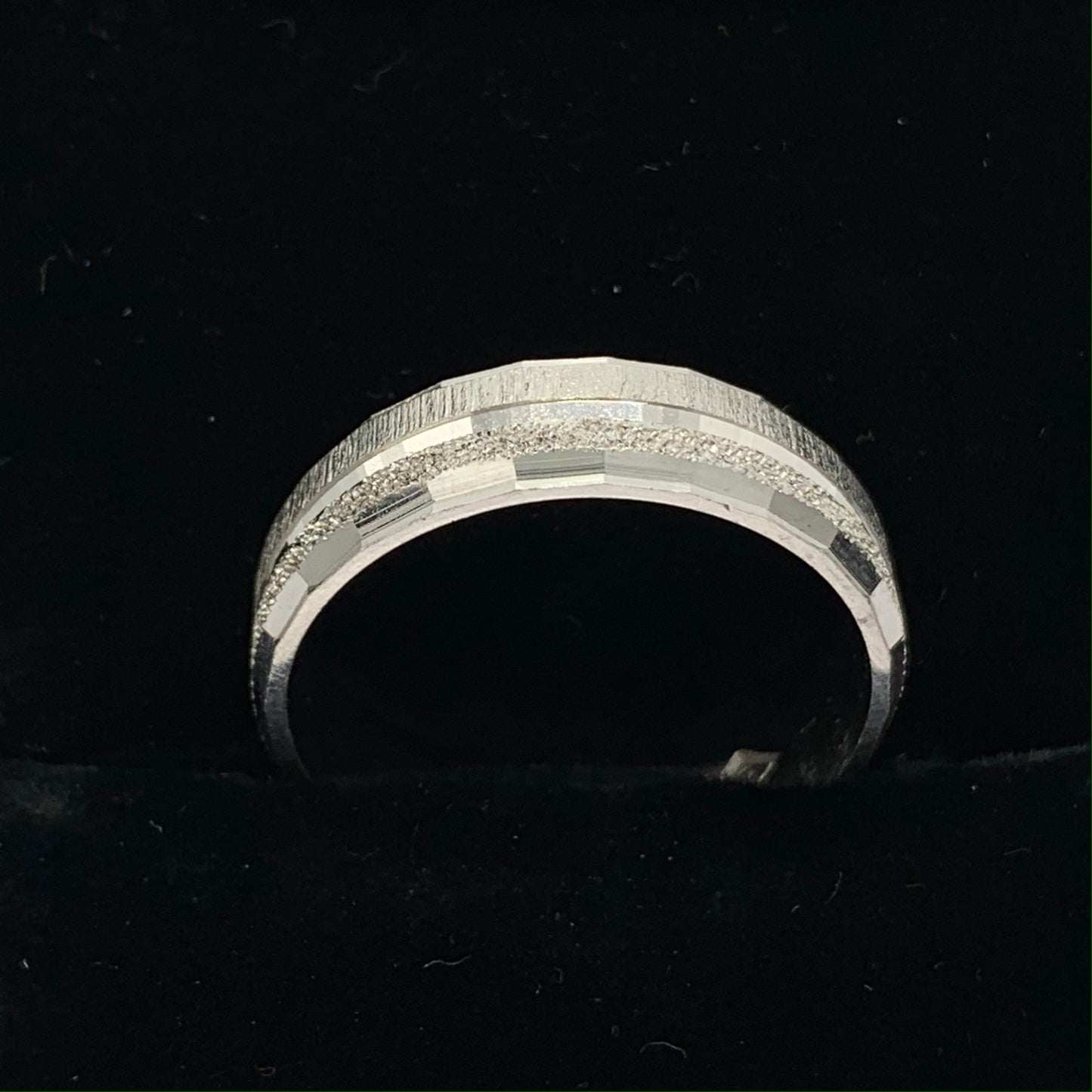 14K White Gold 6mm Art Deco Style Wedding Band with Wheel Finish and Diamond Punch Design