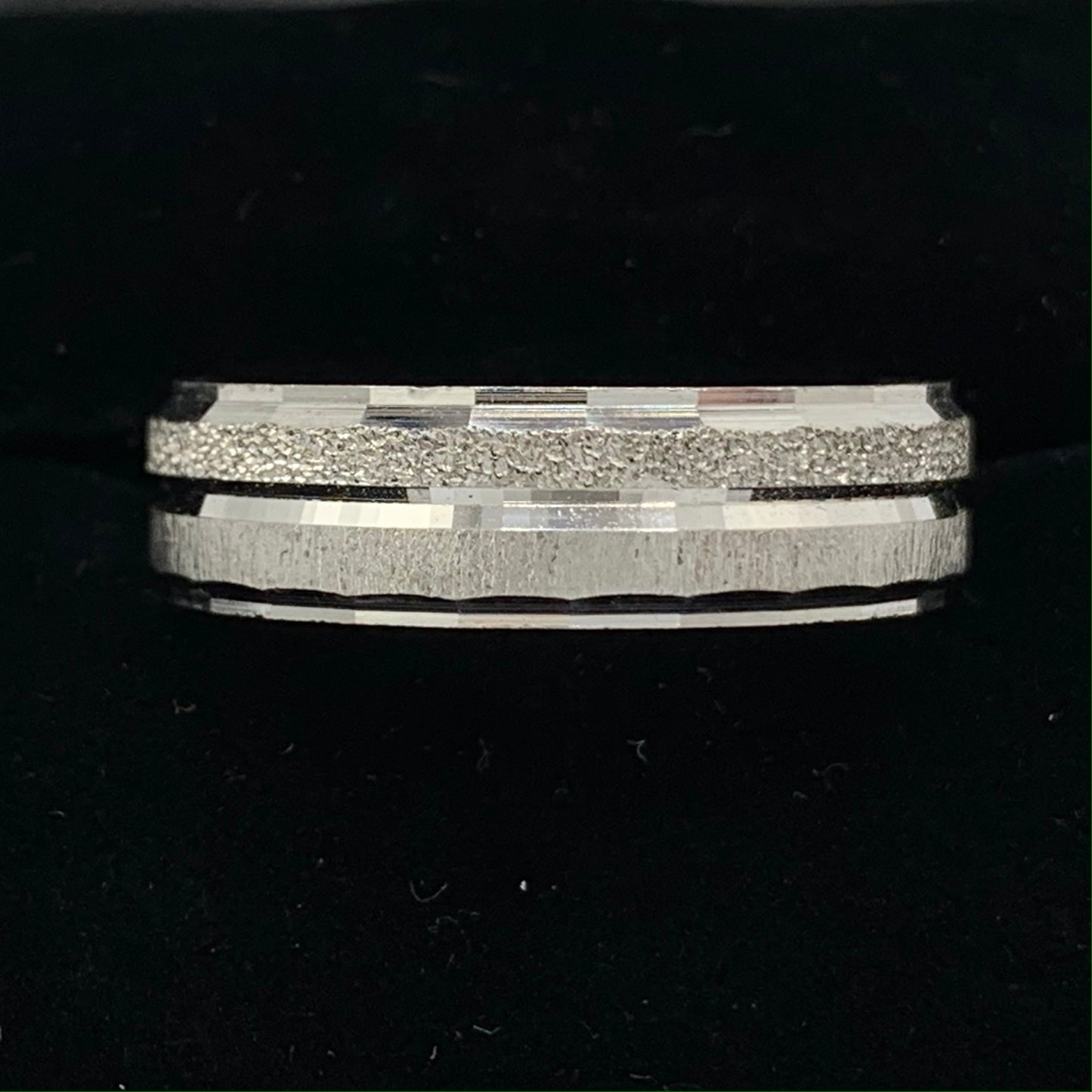 14K White Gold 6mm Art Deco Style Wedding Band with Wheel Finish and Diamond Punch Design