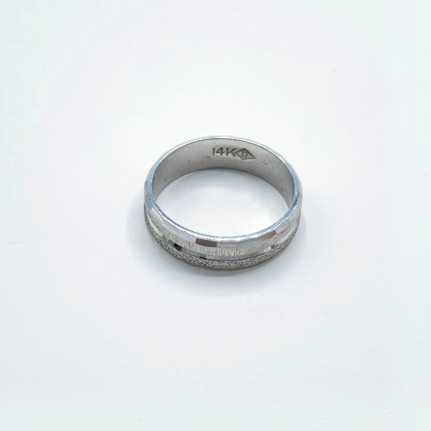 14K White Gold 6mm Art Deco Style Wedding Band with Wheel Finish and Diamond Punch Design