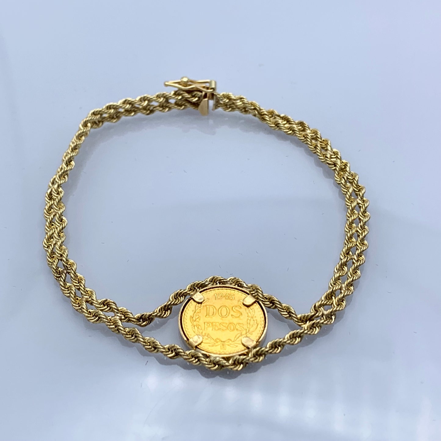 14K Yellow Gold Mexican Dos Pesos Coin Double Rope Bracelet