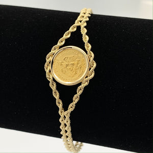 14K Yellow Gold Mexican Dos Pesos Coin Double Rope Bracelet