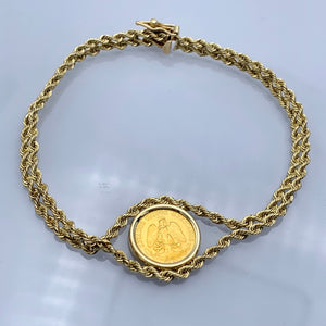 14K Yellow Gold Mexican Dos Pesos Coin Double Rope Bracelet