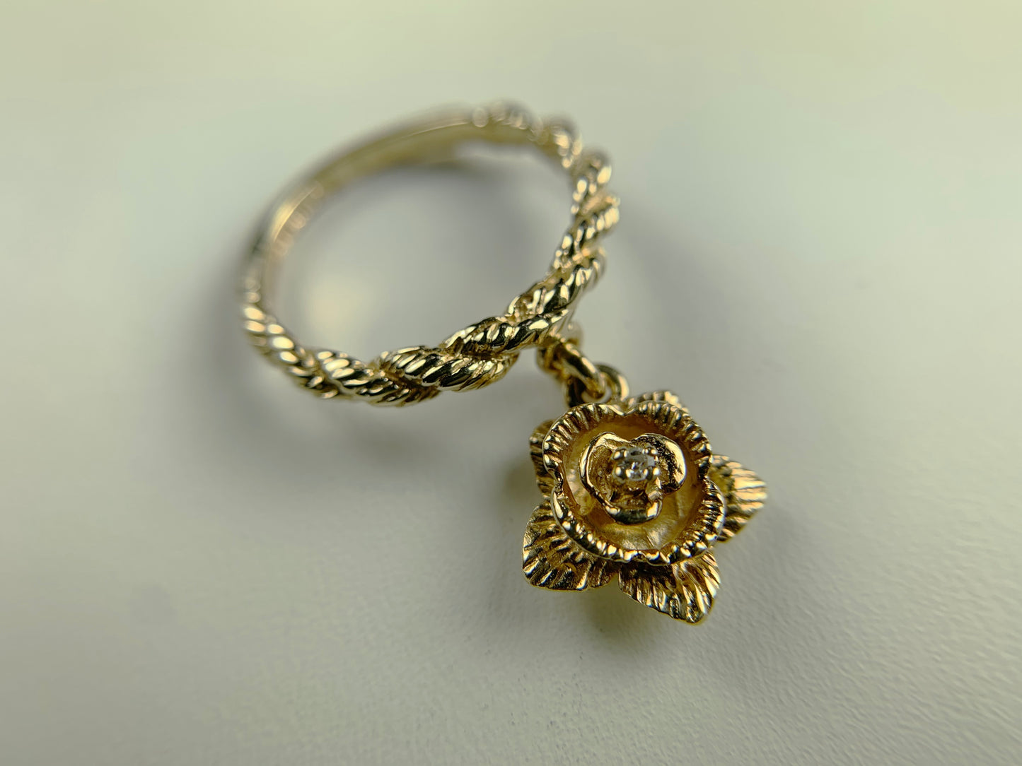 14K Yellow Gold Rope Band with Dangling Rose Diamond