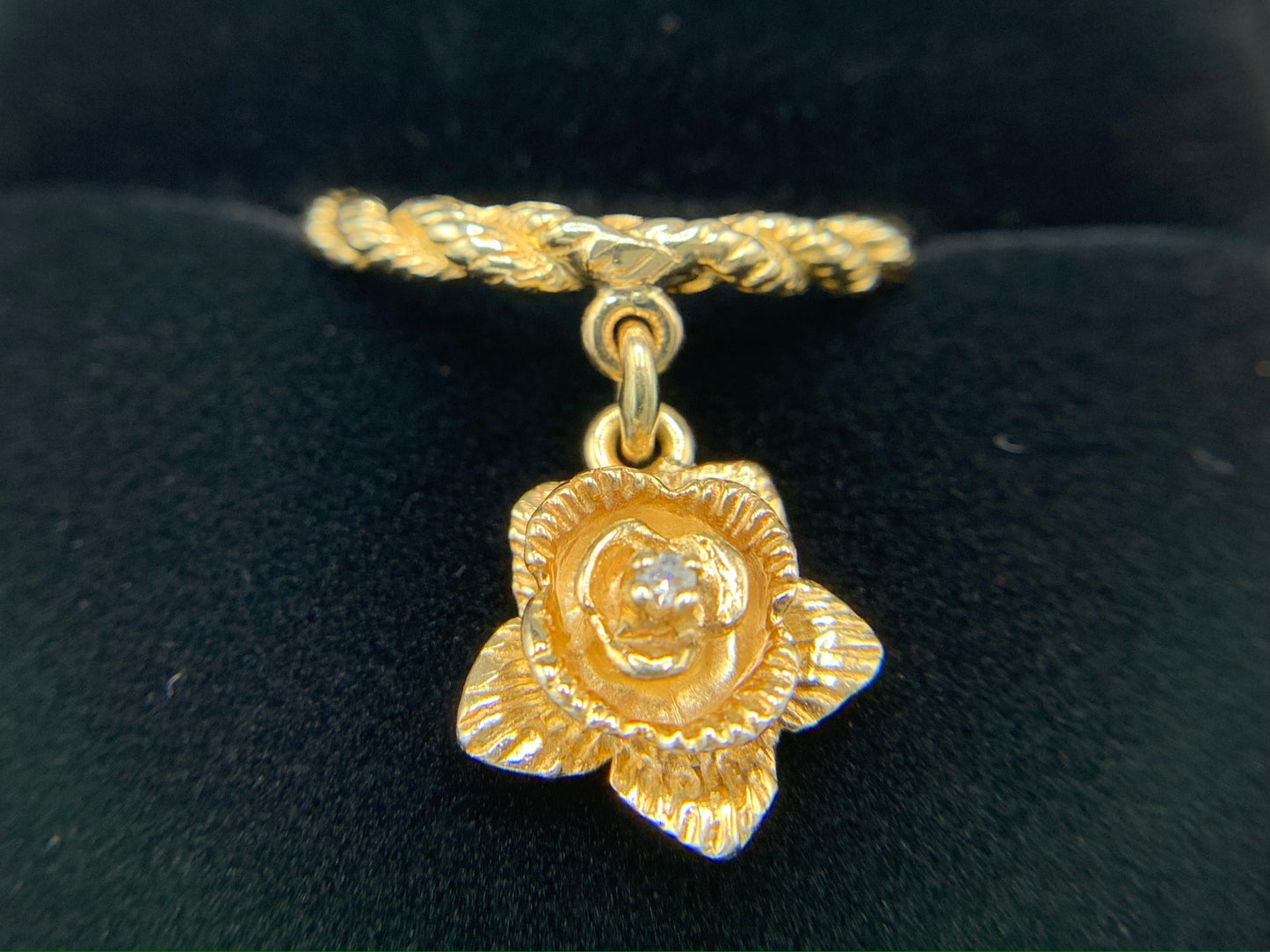 14K Yellow Gold Rope Band with Dangling Rose Diamond
