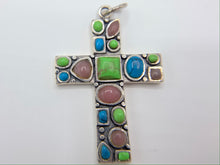 Load image into Gallery viewer, Sterling Silver Cross with Turquoise Stones Necklace Pendant
