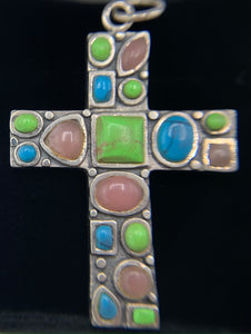 Sterling Silver Cross with Turquoise Stones Necklace Pendant
