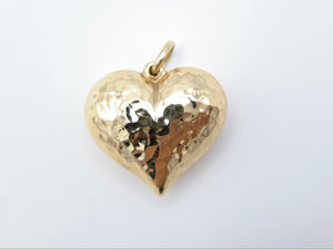 14K Yellow Gold Puffed Hammered Heart Necklace Pendant