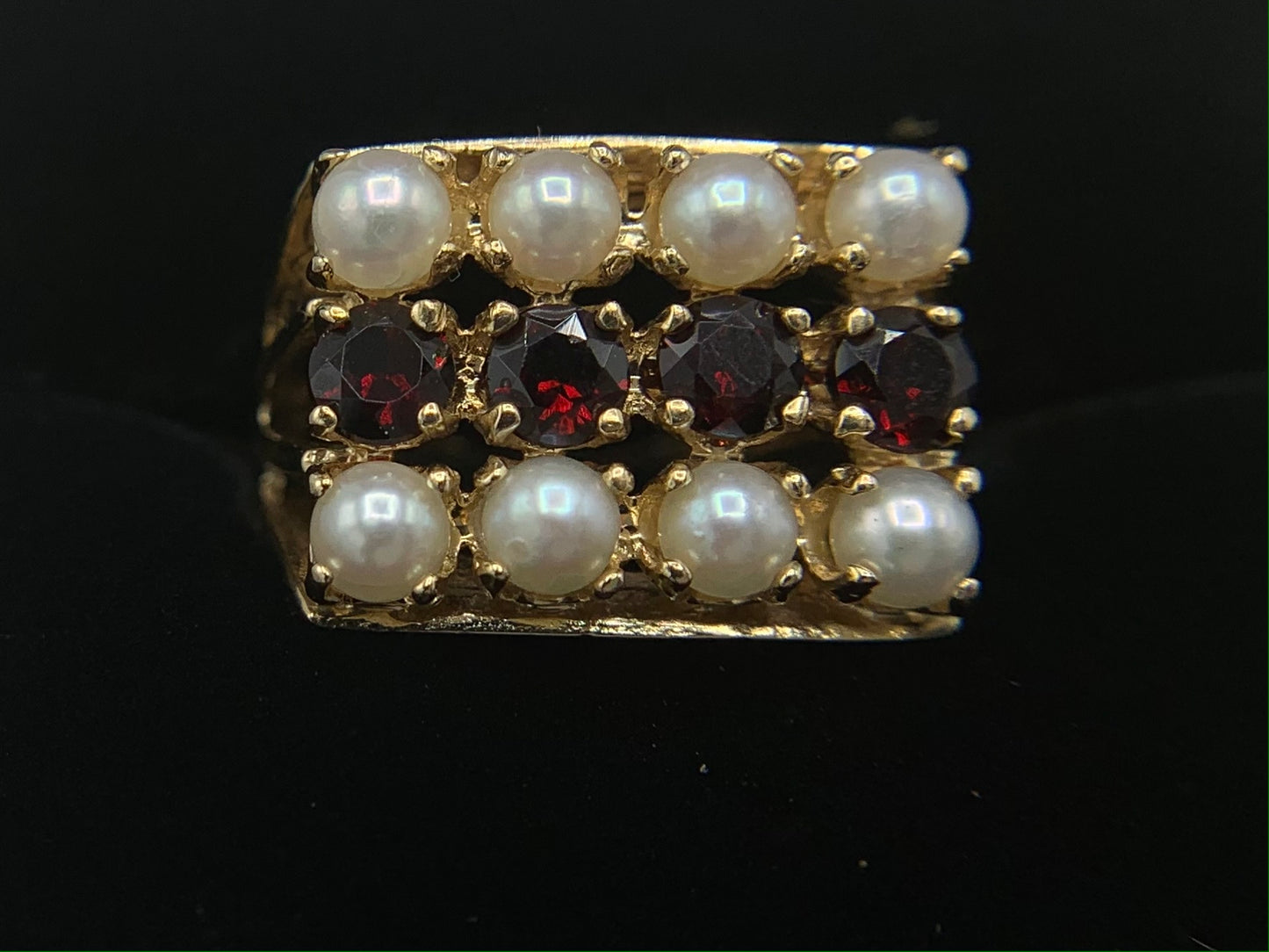 14K Yellow Gold Cultured Pearls and Garnet Ring