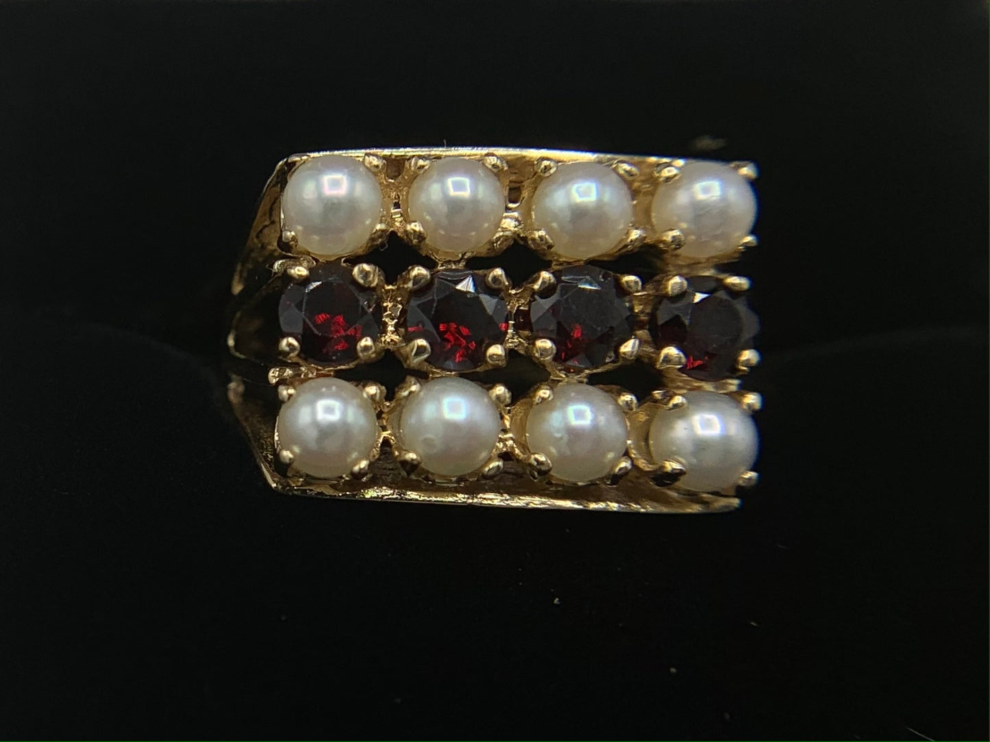 14K Yellow Gold Cultured Pearls and Garnet Ring
