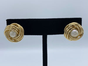 14K Yellow Gold Love Knot Earrings with White Pearls