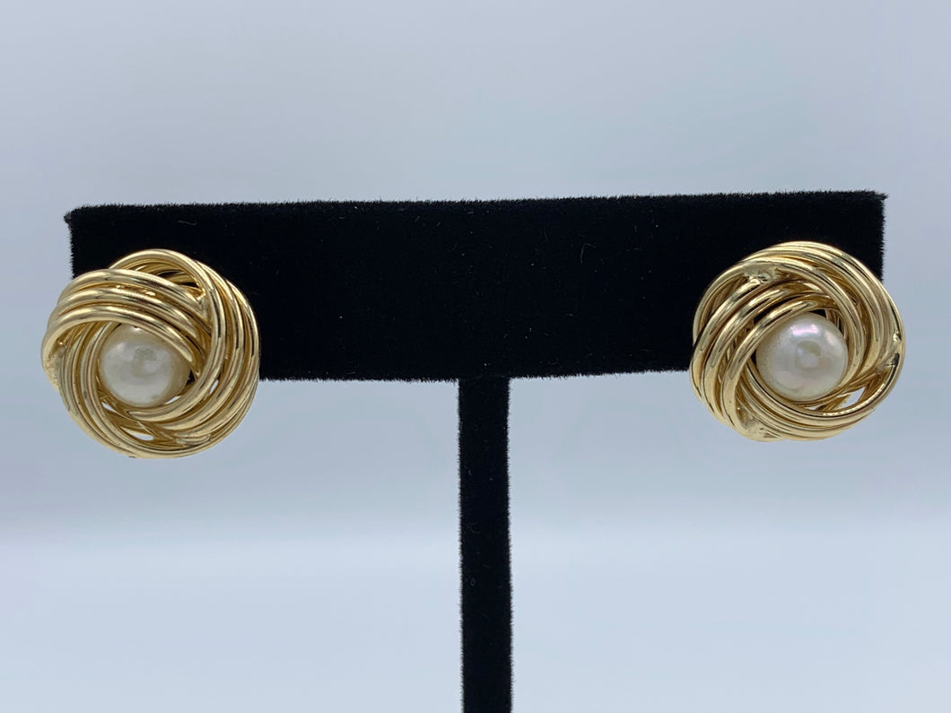 14K Yellow Gold Love Knot Earrings with White Pearls
