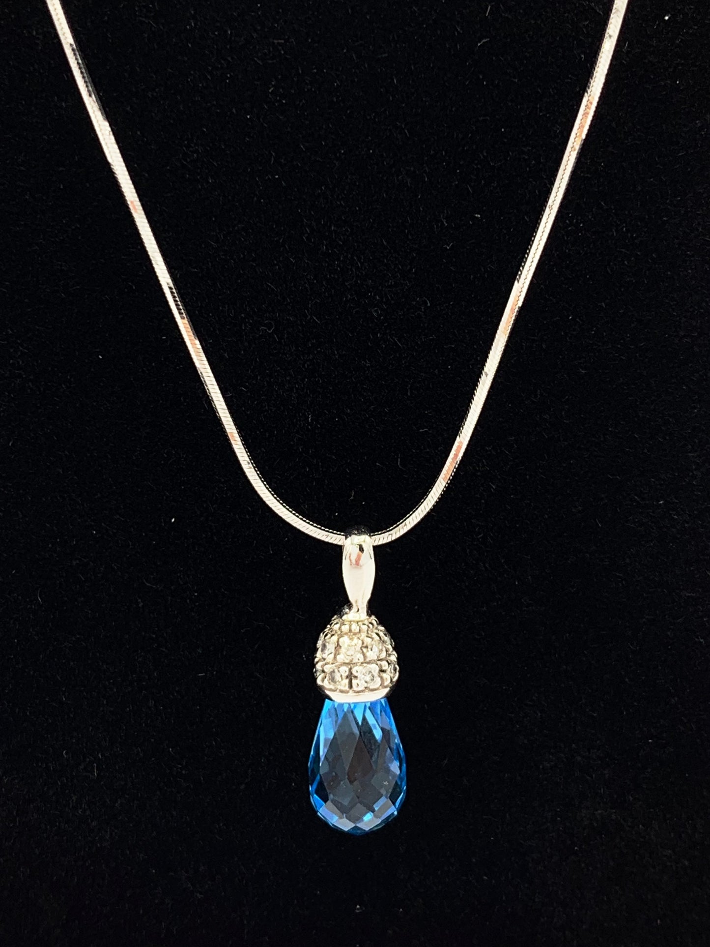 14K White Gold Blue Topaz and Diamond Tear Drop Necklace