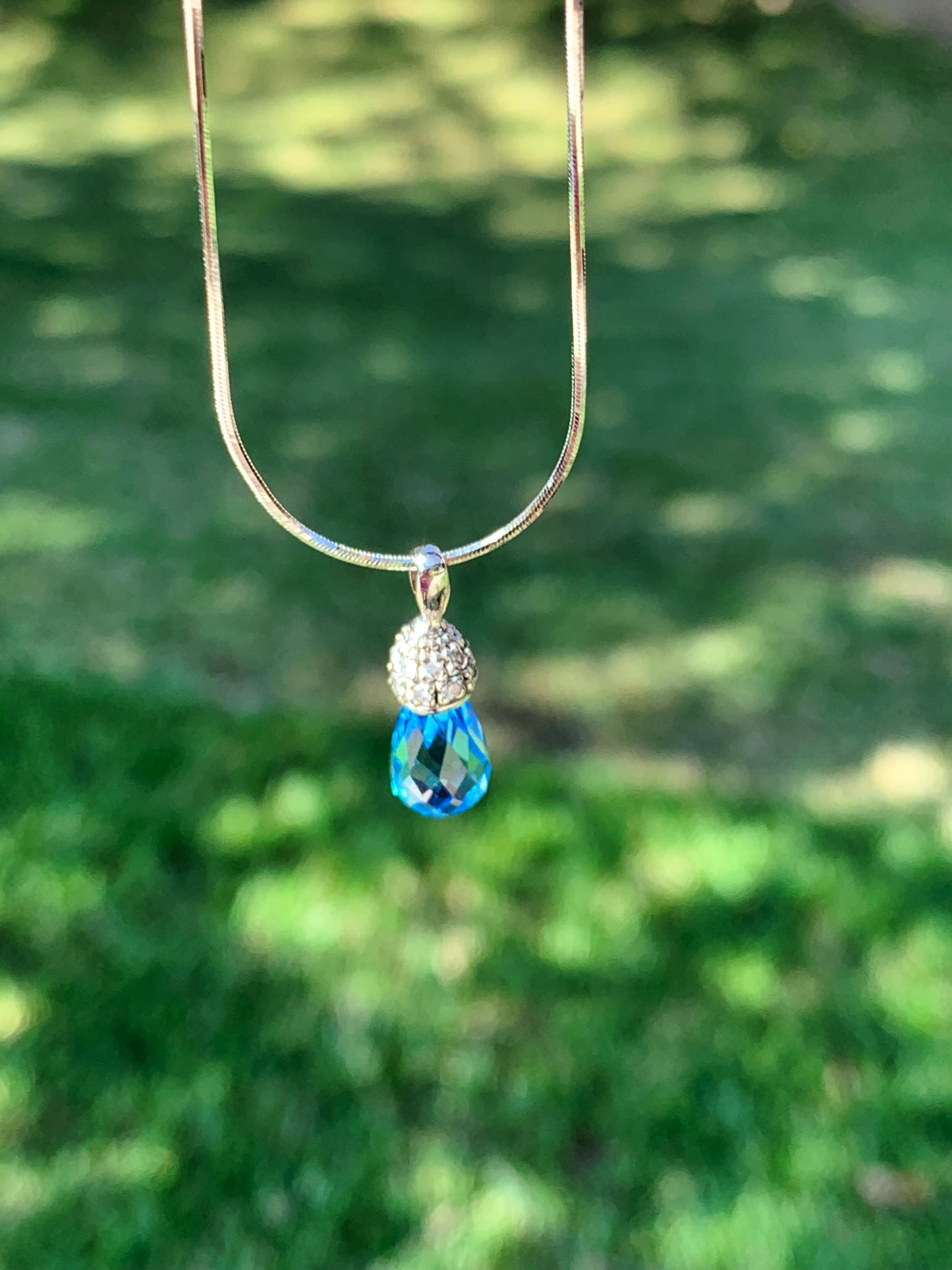 14K White Gold Blue Topaz and Diamond Tear Drop Necklace