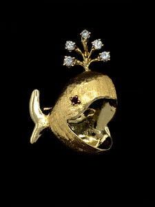 Estate 18K Yellow Gold Diamond and Ruby Whale Pin