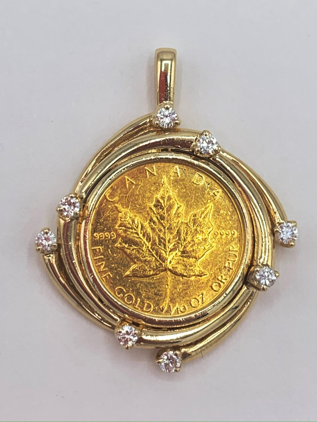 Estate 14K Yellow Gold Canadian 1/10th Ounce Maple Leaf Gold Coin and Frame Pendant with Diamonds