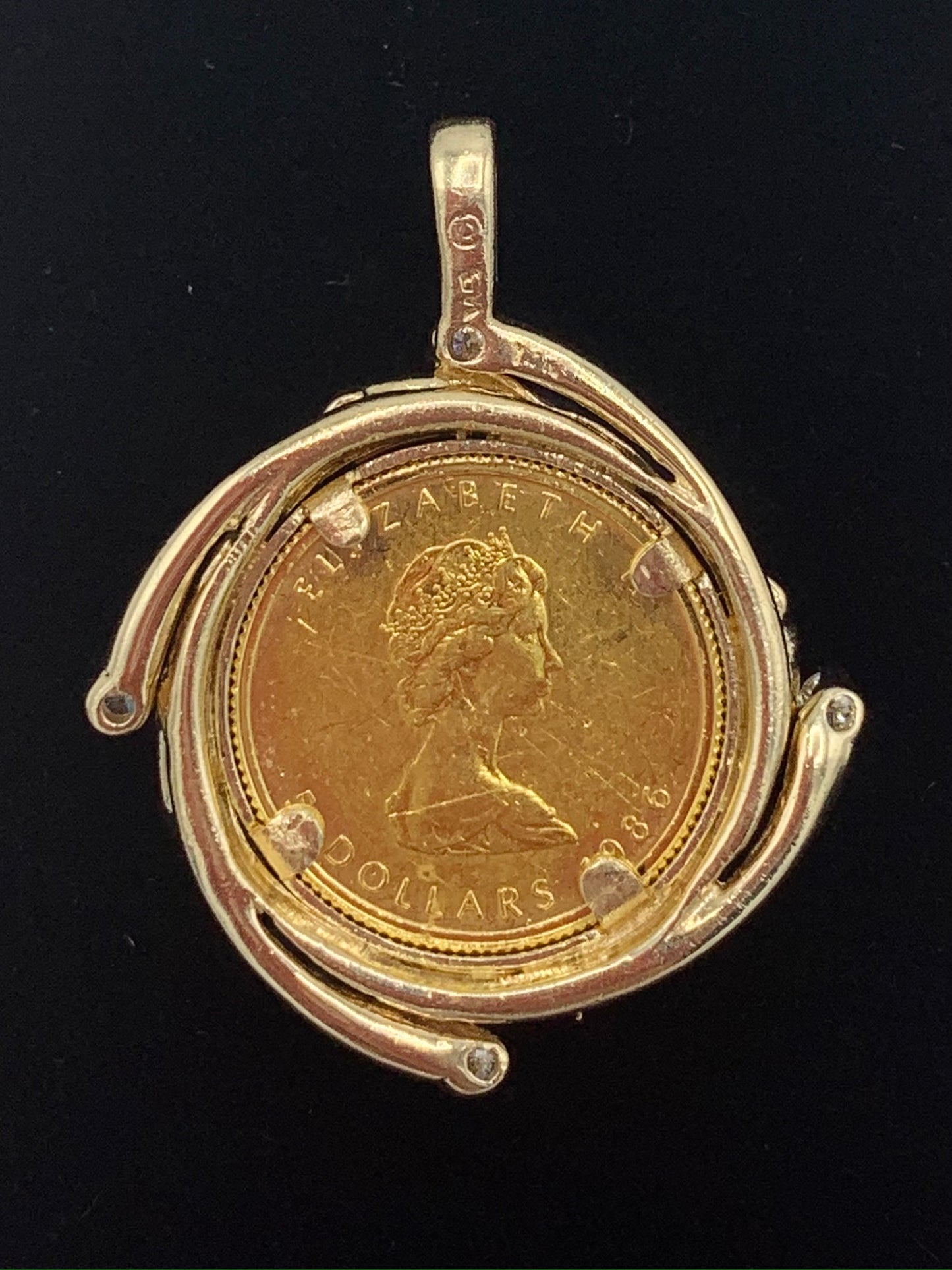 Estate 14K Yellow Gold Canadian 1/10th Ounce Maple Leaf Gold Coin and Frame Pendant with Diamonds