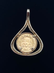 Mexican Dos Peso Coin Pendant with 14K Yellow Gold Frame