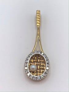 14K Yellow Gold Tennis Racket Pendant with .50 TCW Diamonds and One Pearl