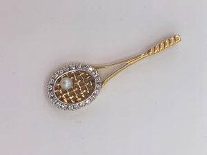 14K Yellow Gold Tennis Racket Pendant with .50 TCW Diamonds and One Pearl