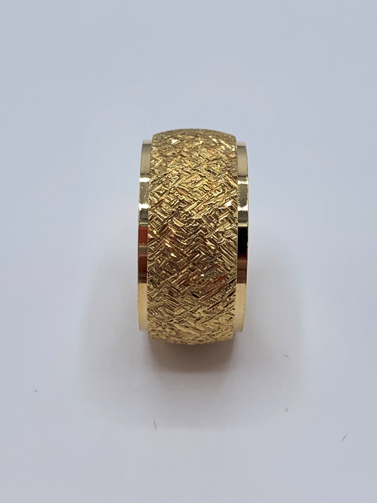 14K Yellow Gold 9.5mm Art Carved Wedding Band with Machine Bark Finish