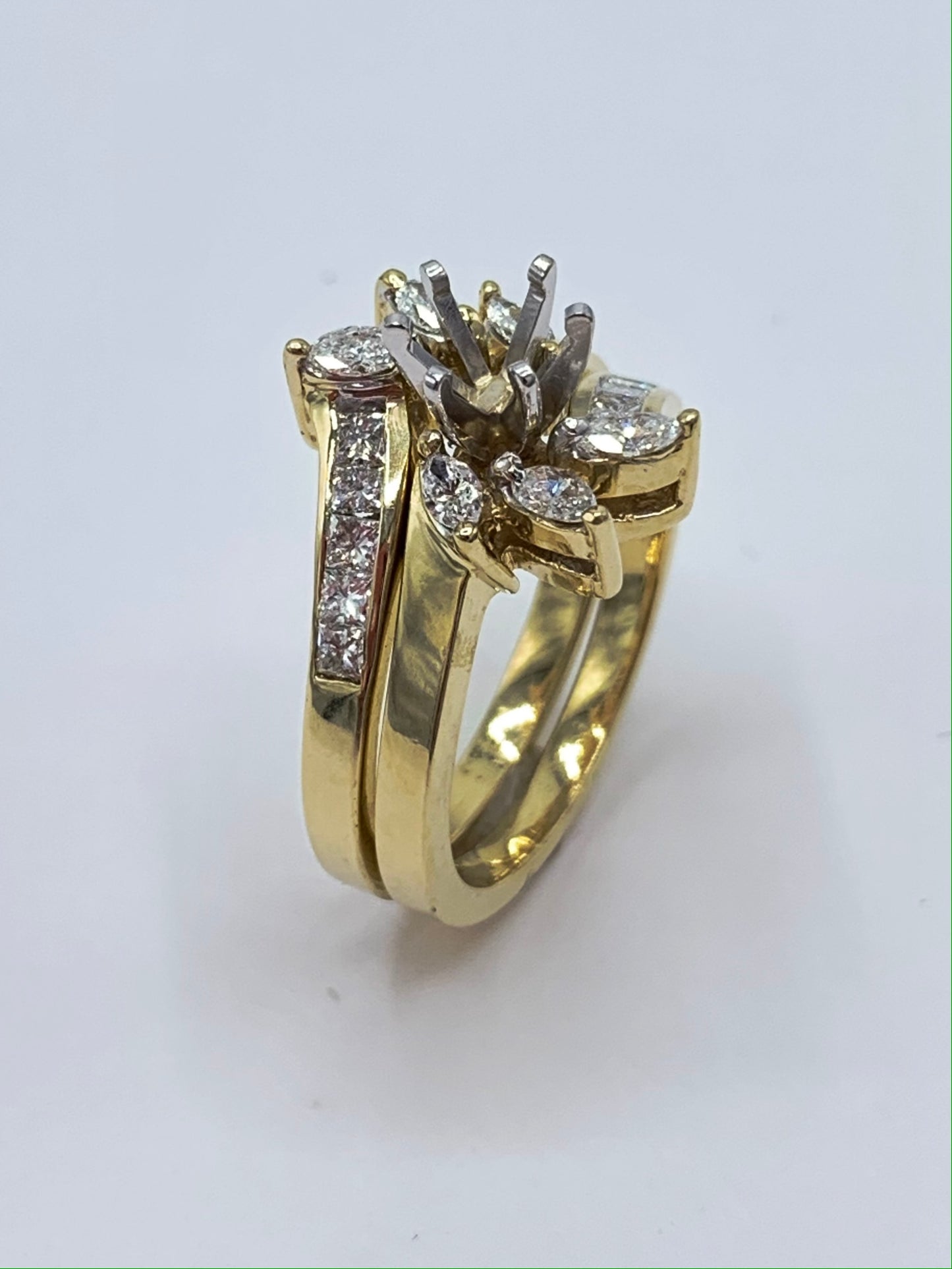 14K Yellow Gold Marquise and Princess Cut Diamond Semi-Mount Wedding Set