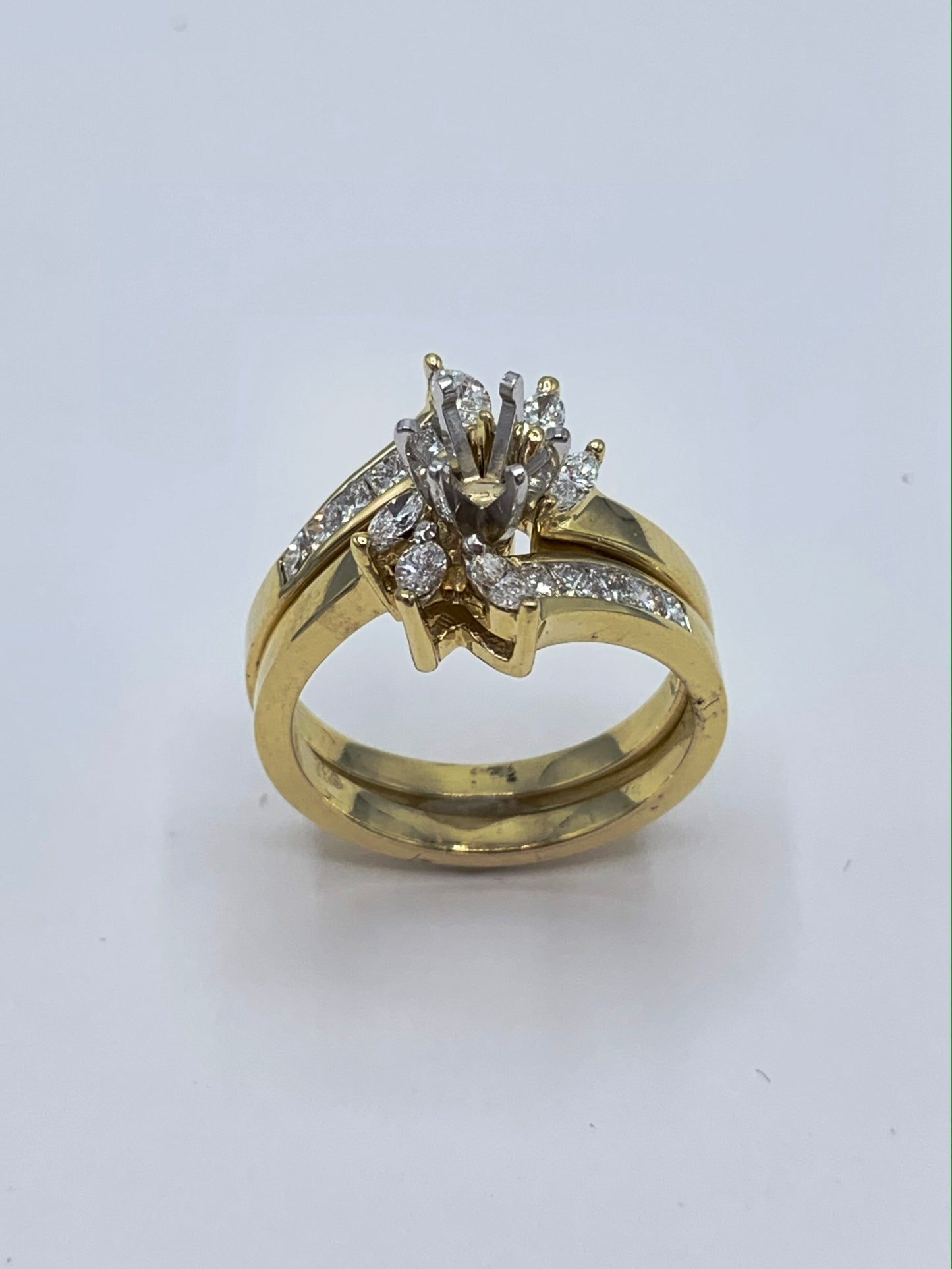 14K Yellow Gold Marquise and Princess Cut Diamond Semi-Mount Wedding Set