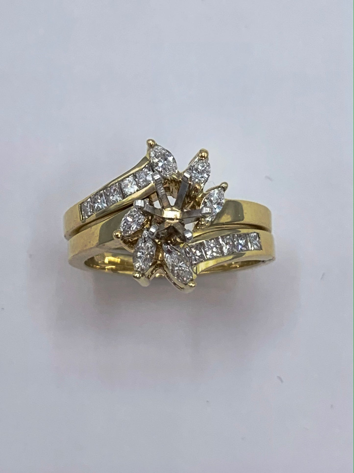 14K Yellow Gold Marquise and Princess Cut Diamond Semi-Mount Wedding Set