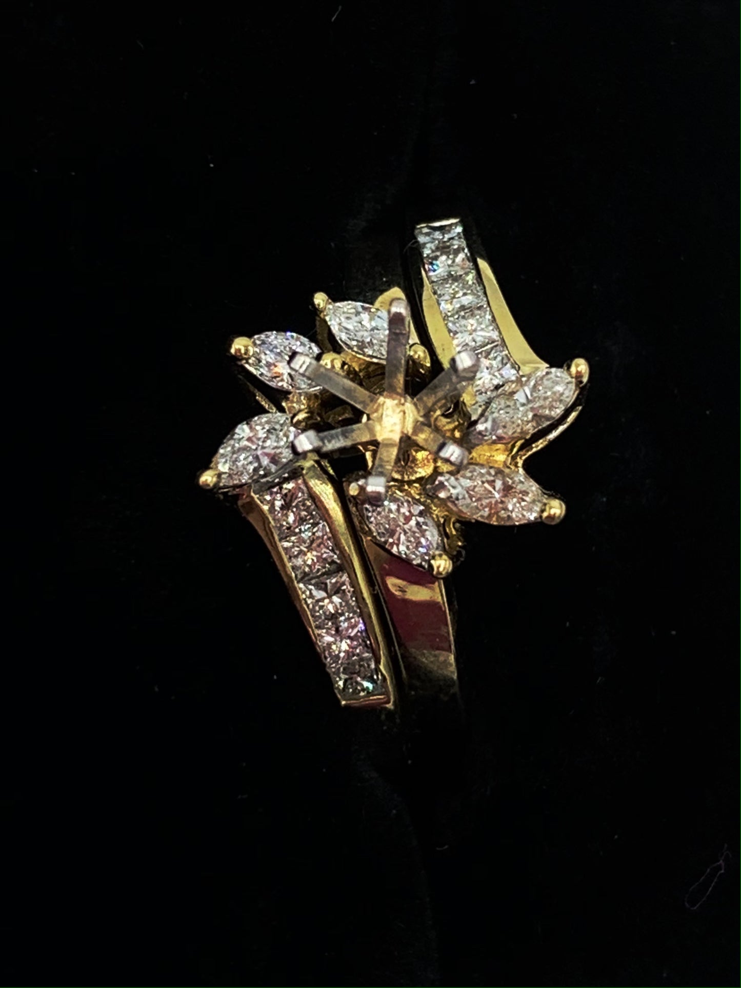 14K Yellow Gold Marquise and Princess Cut Diamond Semi-Mount Wedding Set