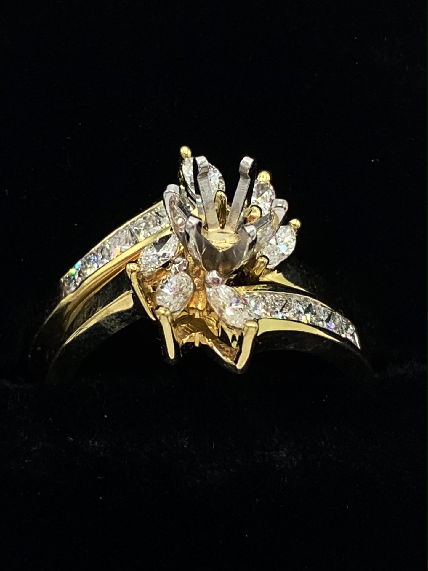 14K Yellow Gold Marquise and Princess Cut Diamond Semi-Mount Wedding Set
