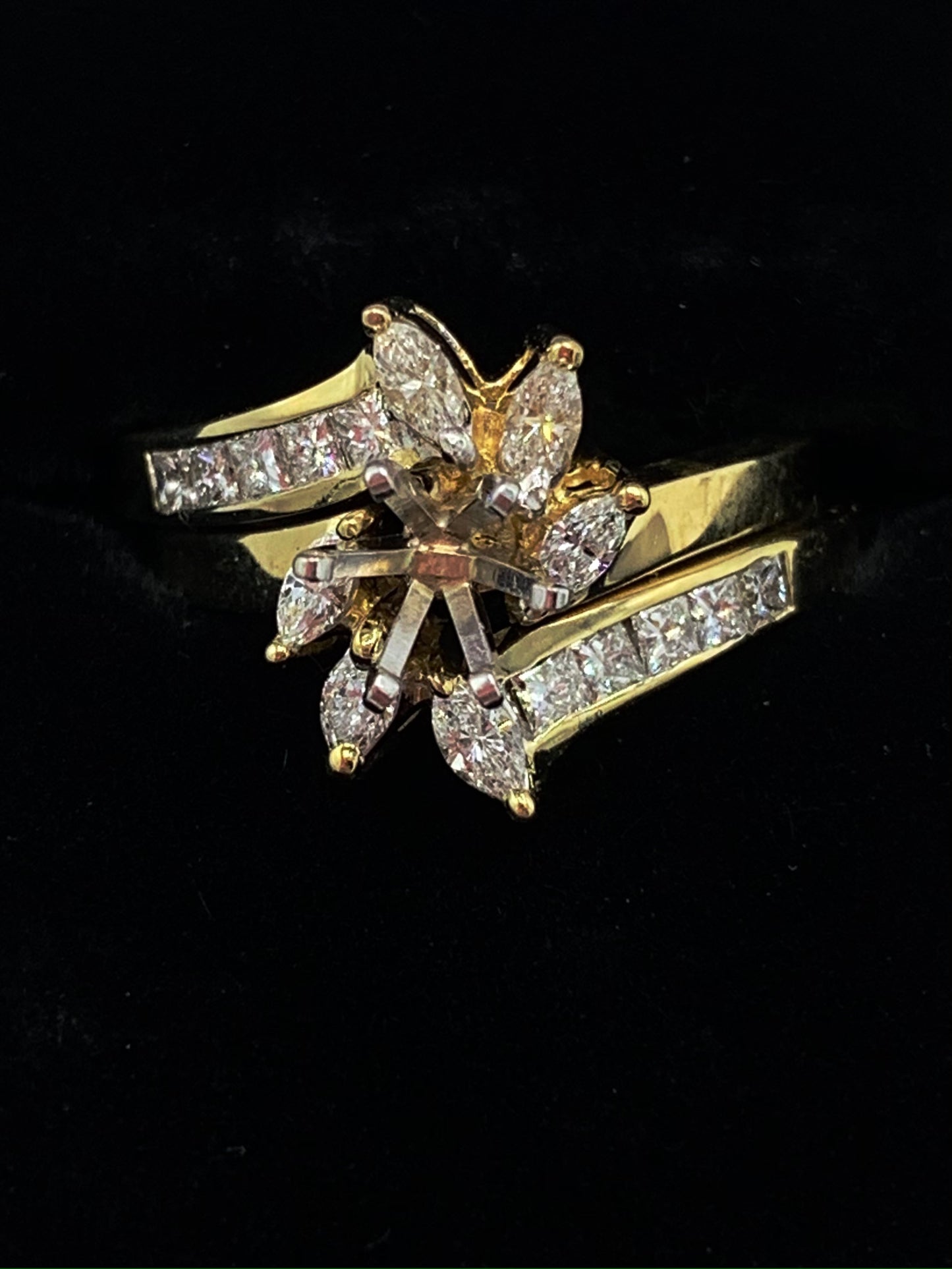 14K Yellow Gold Marquise and Princess Cut Diamond Semi-Mount Wedding Set