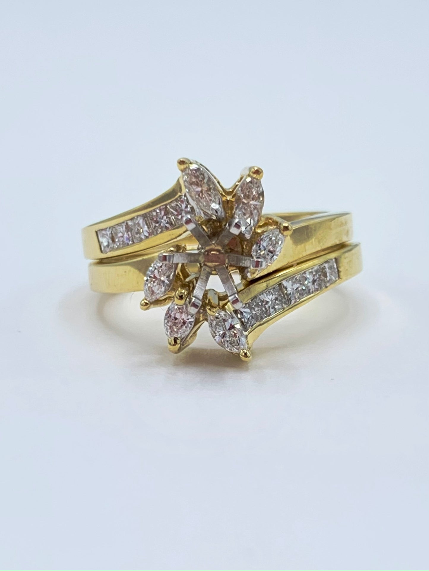 14K Yellow Gold Marquise and Princess Cut Diamond Semi-Mount Wedding Set