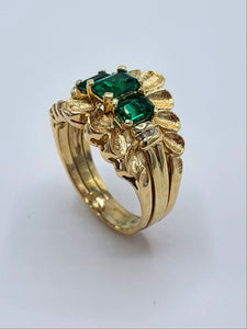 Estate 14K Yellow Gold Synthetic Emerald Guard Ring