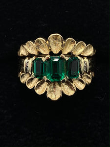 Estate 14K Yellow Gold Synthetic Emerald Guard Ring