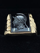 Load image into Gallery viewer, Estate 10K Yellow Gold Intaglio Spanish Soldier Hematite Ring
