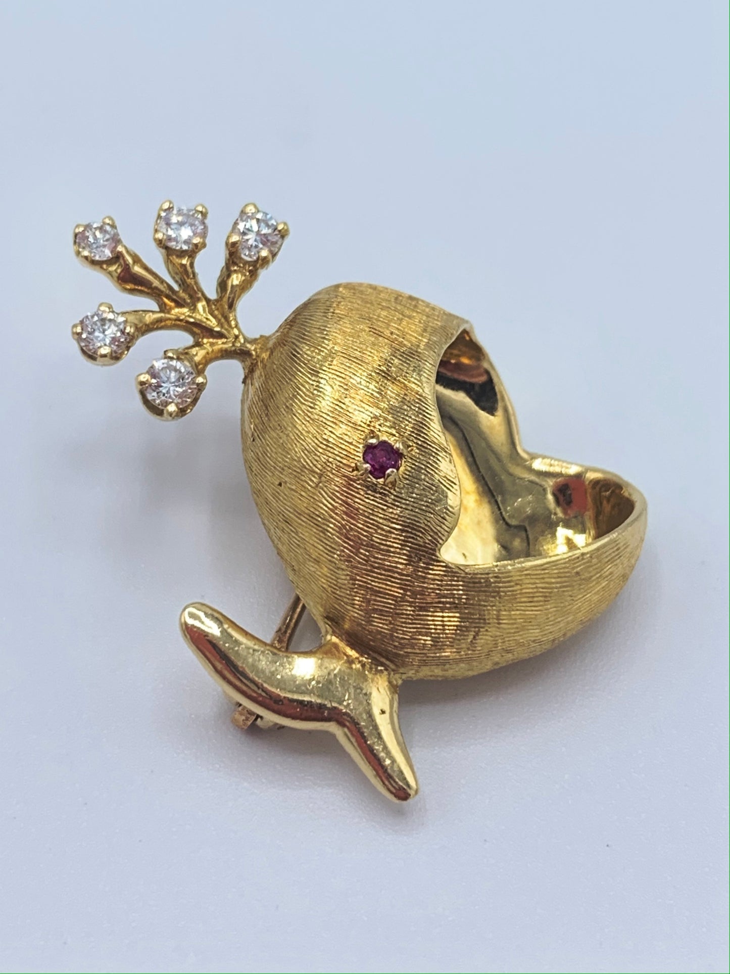Estate 18K Yellow Gold Diamond and Ruby Whale Pin