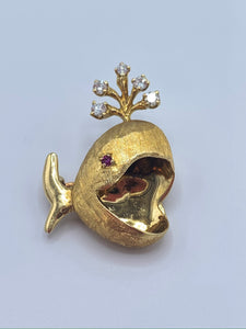 Estate 18K Yellow Gold Diamond and Ruby Whale Pin