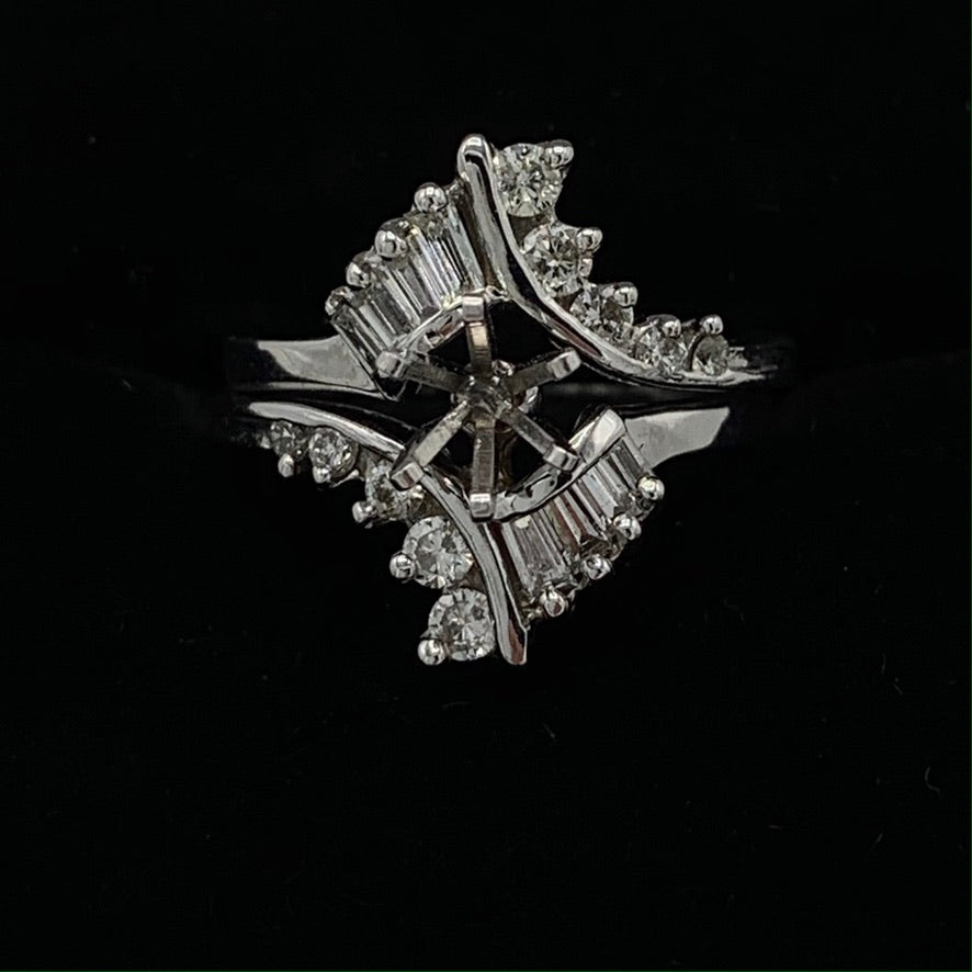 14K White Gold Semi-Mount Round and Baguette Diamond Wedding Set