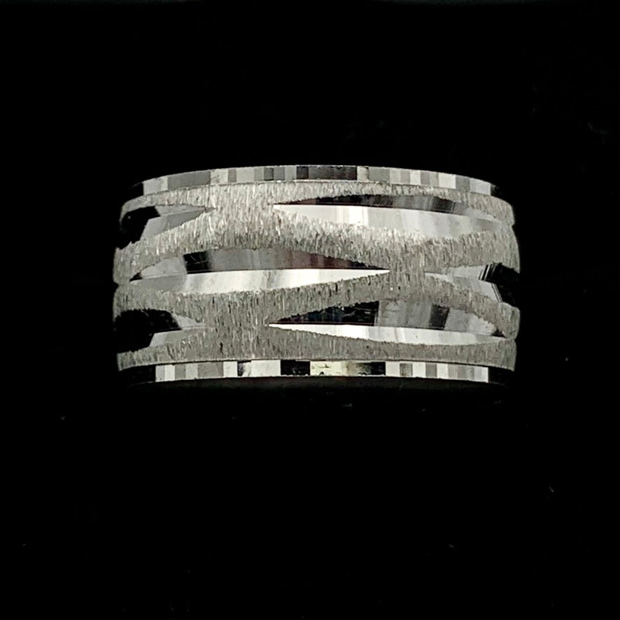 14K White Gold 10mm Chisel Cut Design and Wheel Finish Wedding Band