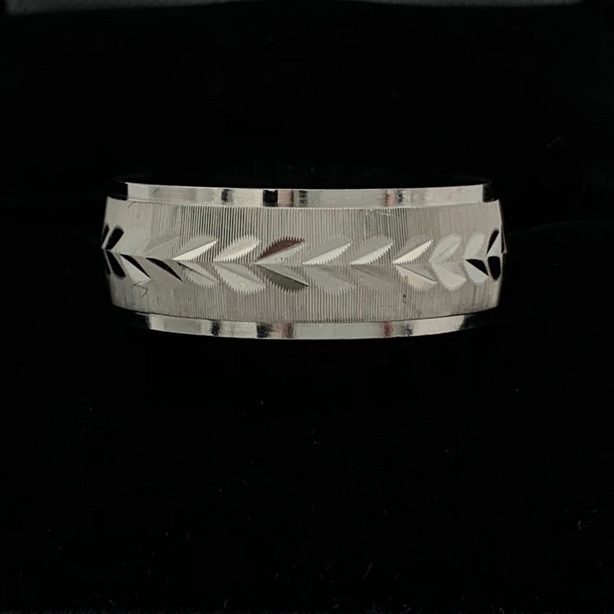 Machine Finish Leaf Design 8mm 14K White Gold Wedding Band