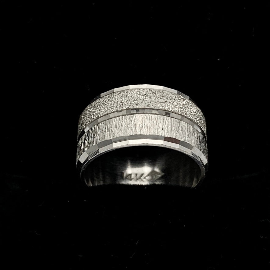 14K White Gold 10mm Wheel / Diamond Punch Finish Wedding Band