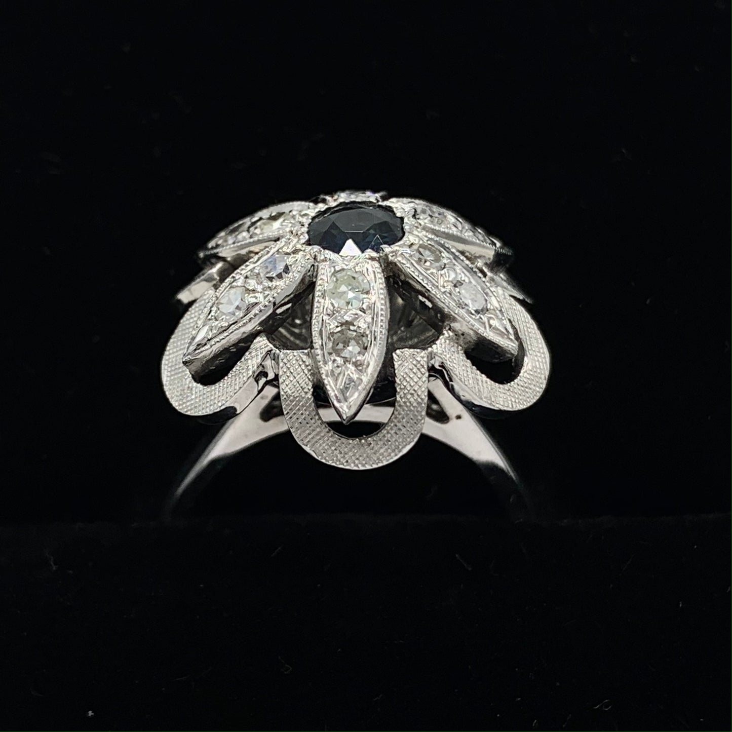 14K White Gold Genuine Blue Sapphire and Diamond Vintage Flower Ring